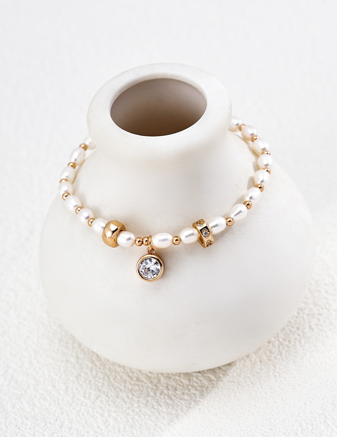 S925 Silver Pearl & Zircon Bracelet · Vintage Gold · Natural Freshwater Pearl