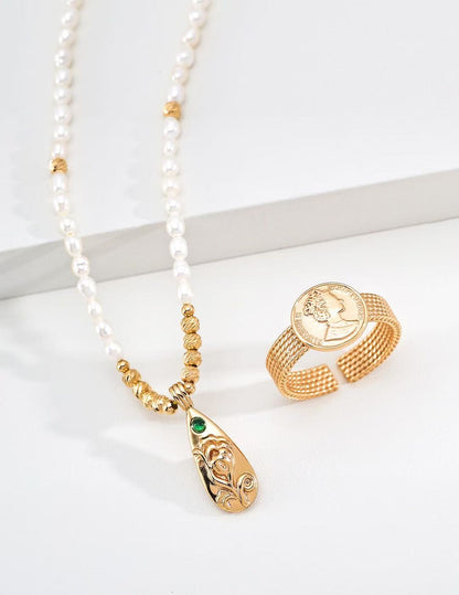 S925 Silver Zircon & Pearl Necklace · Vintage Gold · Blooming Elegance