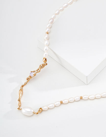 S925 Sterling Silver Liquid Flow Pearl & Opal Necklace — Vintage Gold | D0765-2