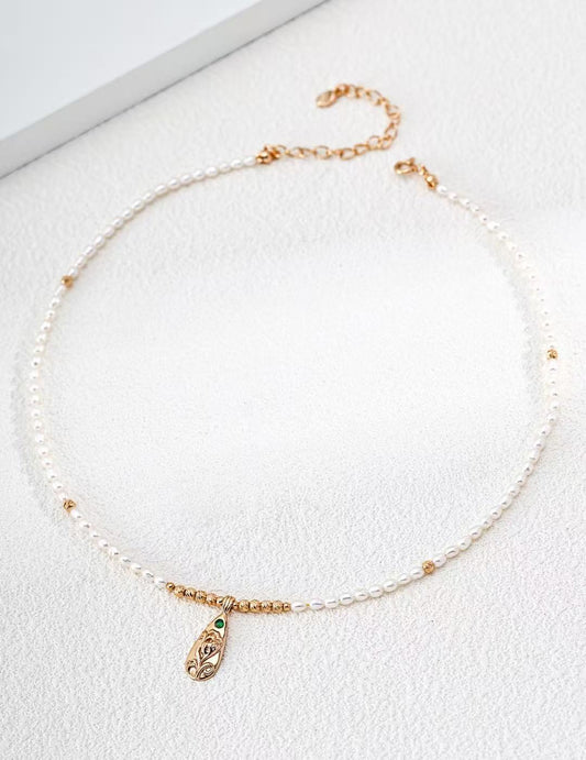 S925 Silver Zircon & Pearl Necklace · Vintage Gold · Blooming Elegance