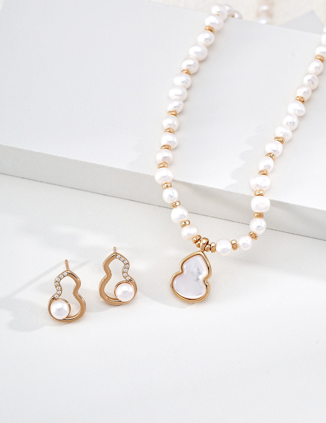 S925 Sterling Silver Natural Pearl Necklace — Oriental Lucky Gourd, Tiger Eye & Shell | D0749