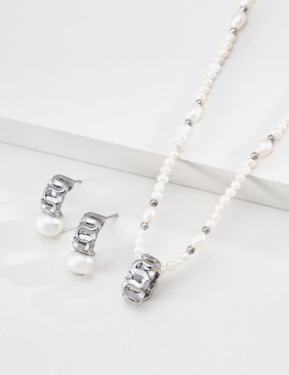 S925 Sterling Silver Natural Pearl & Zirconia Necklace — Vintage Gold & Platinum | D0769