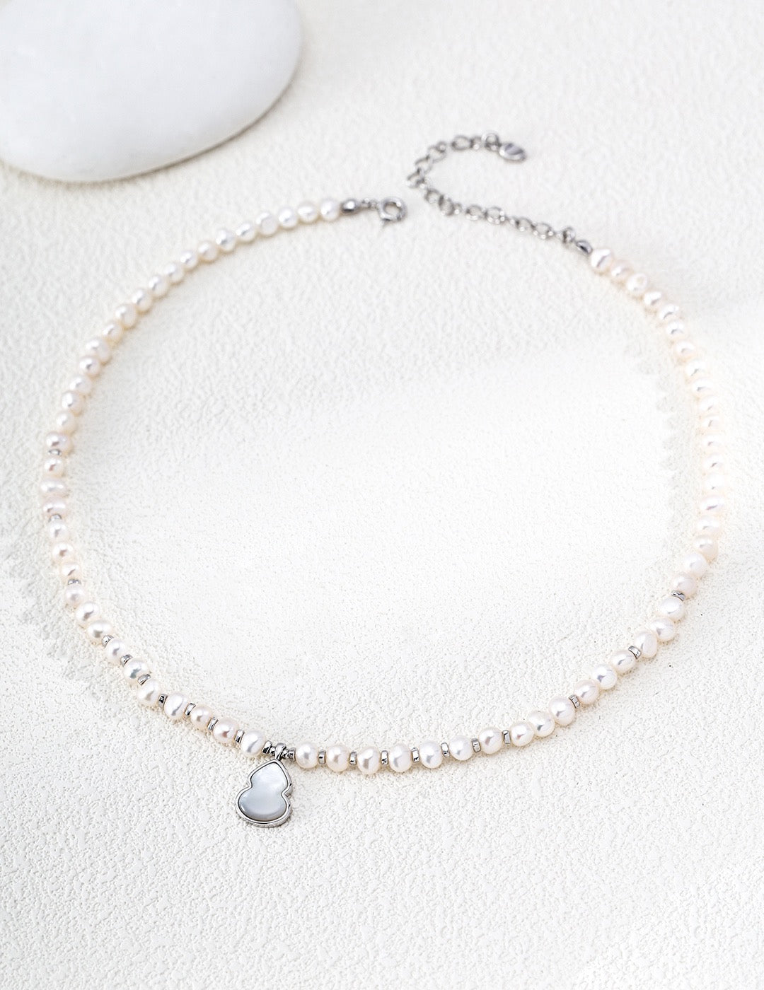 S925 Sterling Silver Natural Pearl Necklace — Oriental Lucky Gourd, Tiger Eye & Shell | D0749