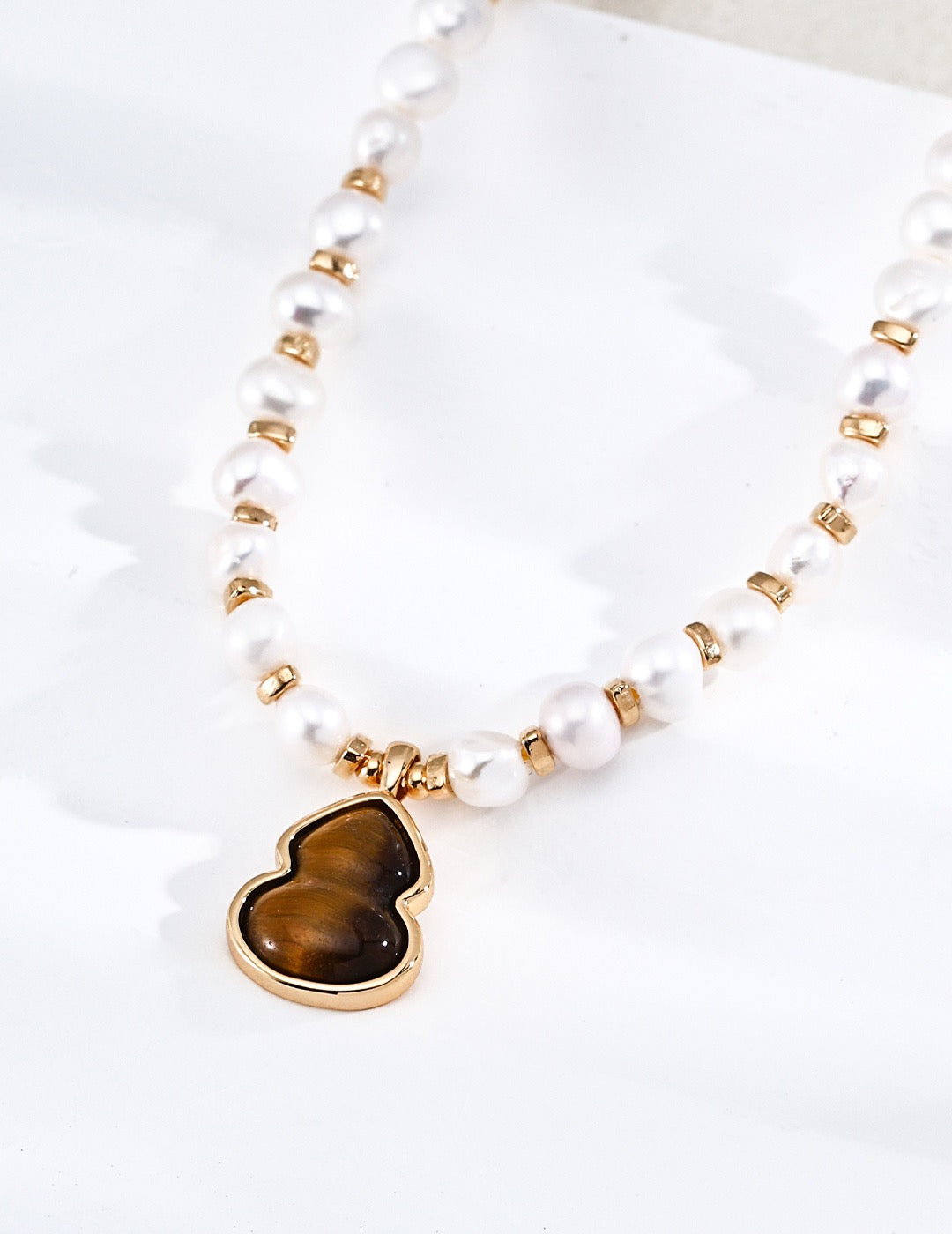 S925 Sterling Silver Natural Pearl Necklace — Oriental Lucky Gourd, Tiger Eye & Shell | D0749