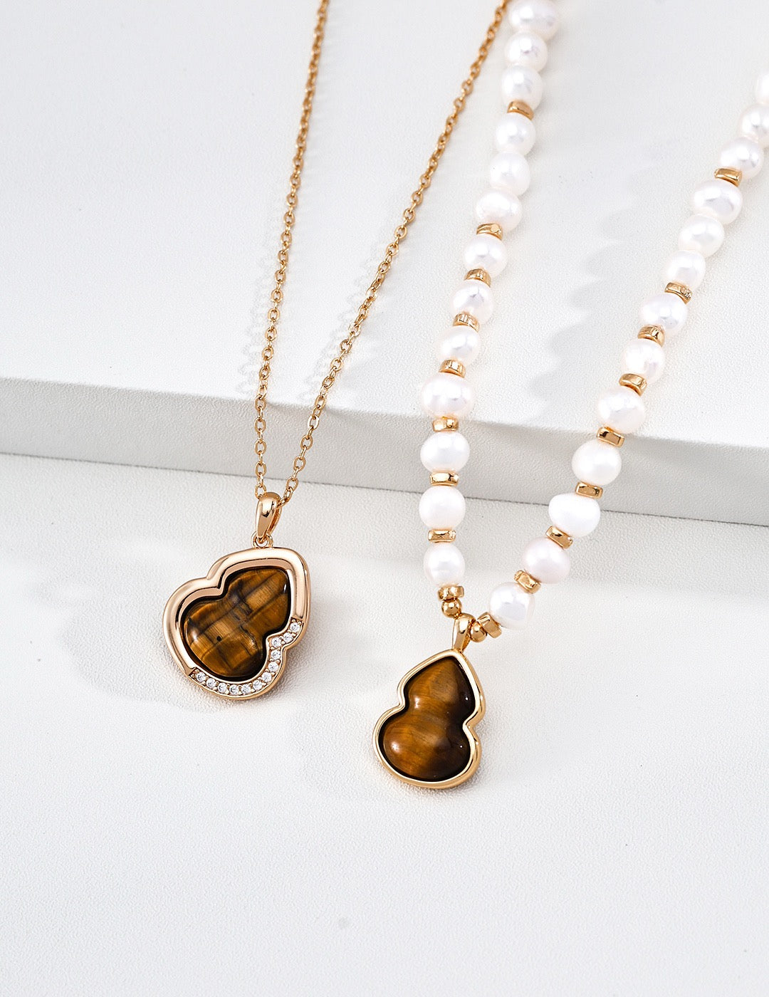 S925 Sterling Silver Natural Pearl Necklace — Oriental Lucky Gourd, Tiger Eye & Shell | D0749