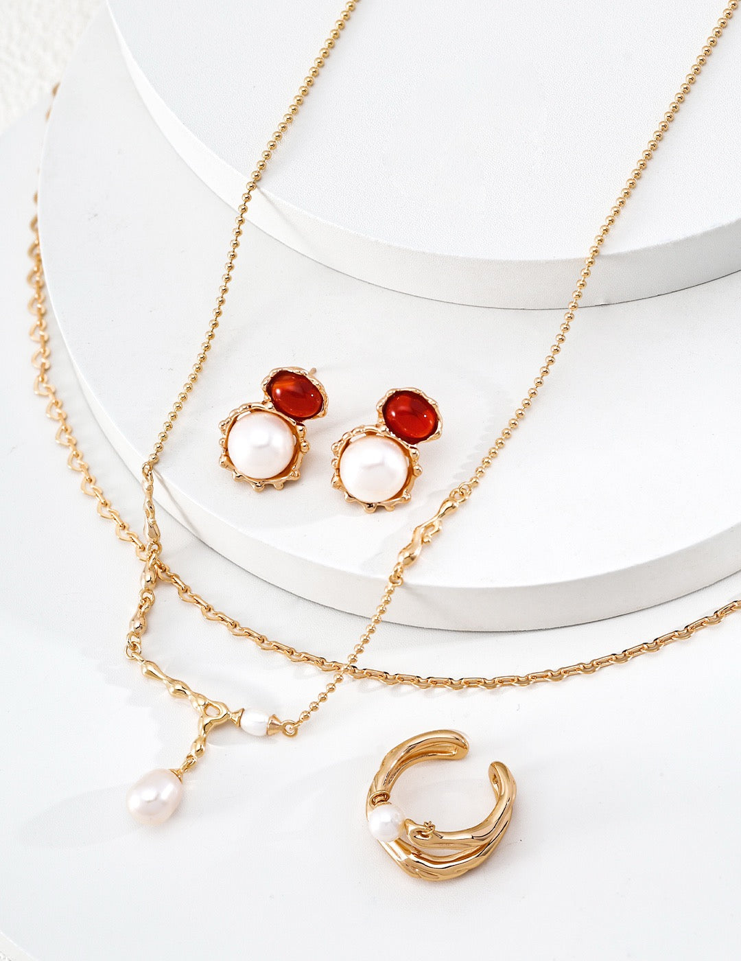 S925 Sterling Silver Lava Flow Pearl Necklace — Vintage Gold & Platinum | D0767