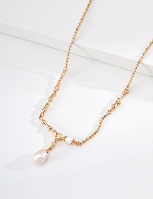 S925 Sterling Silver Lava Flow Pearl Necklace — Vintage Gold & Platinum | D0767
