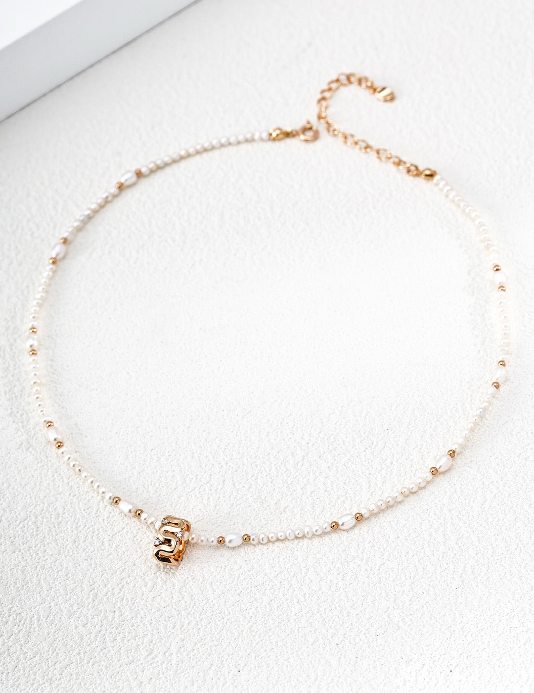 S925 Sterling Silver Natural Pearl & Zirconia Necklace — Vintage Gold & Platinum | D0769