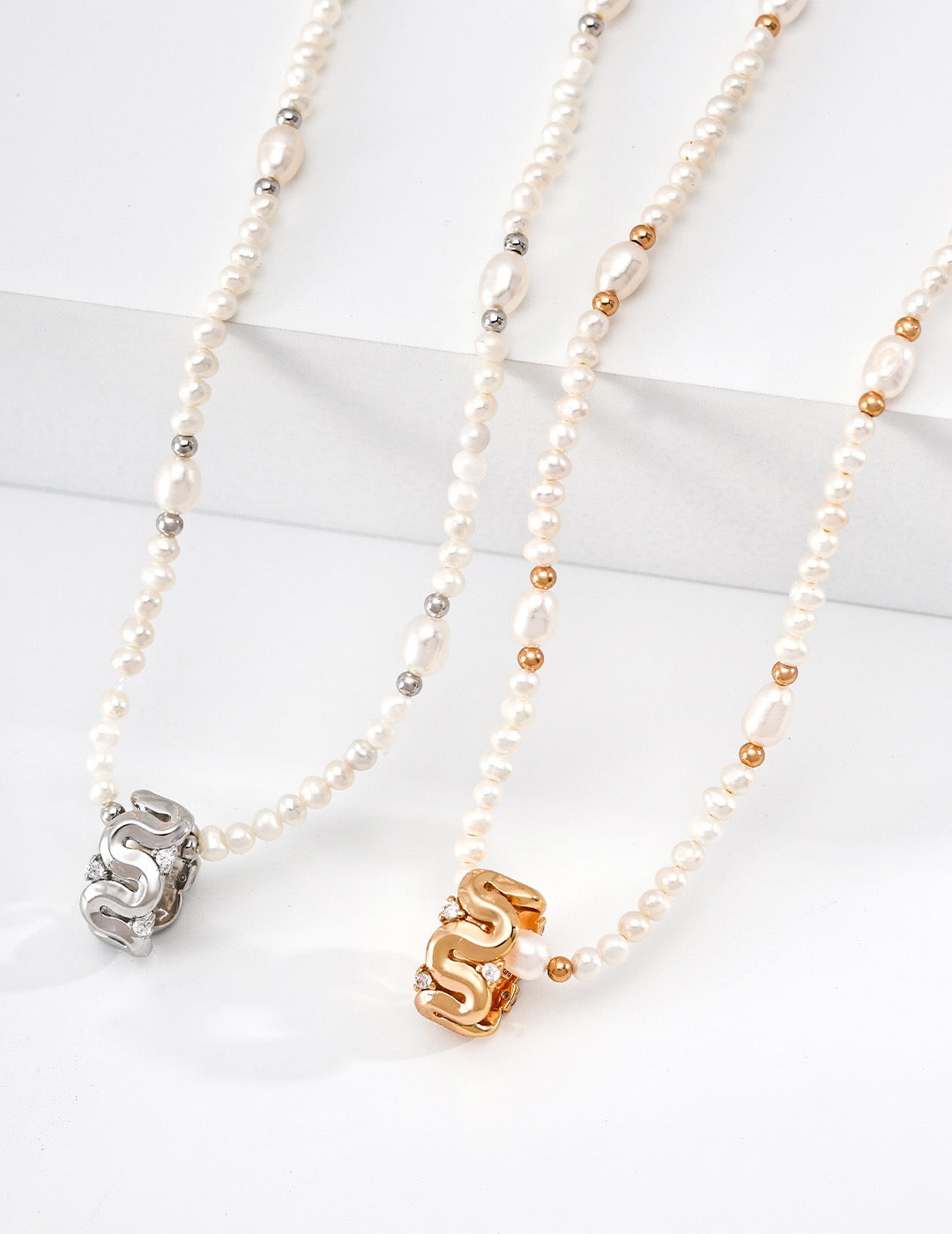 S925 Sterling Silver Natural Pearl & Zirconia Necklace — Vintage Gold & Platinum | D0769