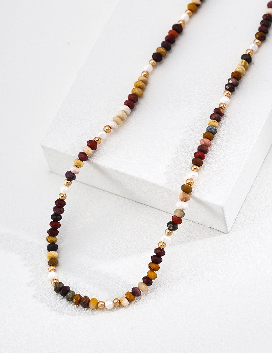 S925 Sterling Silver Yellow Jasper & Pearl Necklace — Vintage Gold | D0775-2