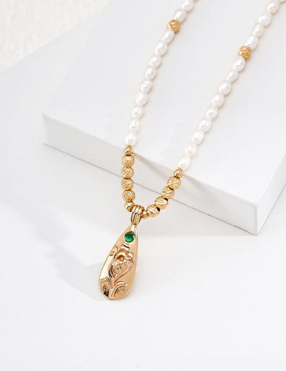 S925 Silver Zircon & Pearl Necklace · Vintage Gold · Blooming Elegance