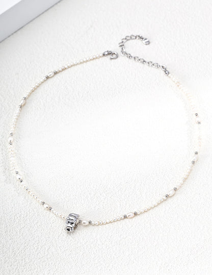S925 Sterling Silver Natural Pearl & Zirconia Necklace — Vintage Gold & Platinum | D0769