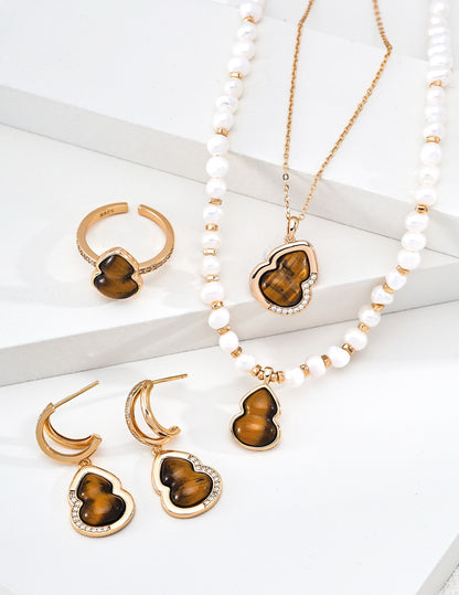 S925 Sterling Silver Natural Pearl Necklace — Oriental Lucky Gourd, Tiger Eye & Shell | D0749