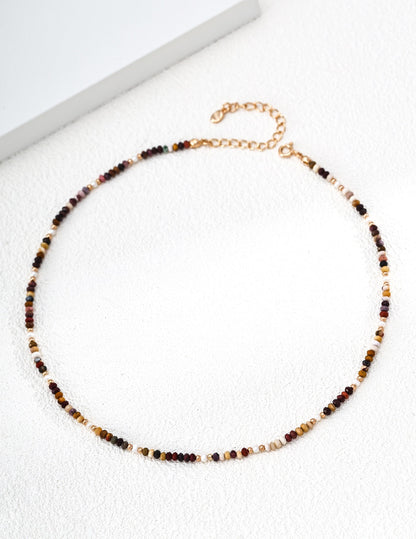 S925 Sterling Silver Yellow Jasper & Pearl Necklace — Vintage Gold | D0775-2