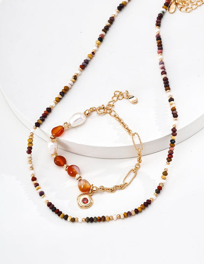 S925 Sterling Silver Yellow Jasper & Pearl Necklace — Vintage Gold | D0775-2