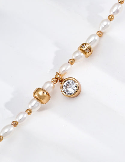 S925 Silver Pearl & Zircon Bracelet · Vintage Gold · Natural Freshwater Pearl