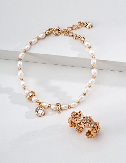 S925 Silver Pearl & Zircon Bracelet · Vintage Gold · Natural Freshwater Pearl